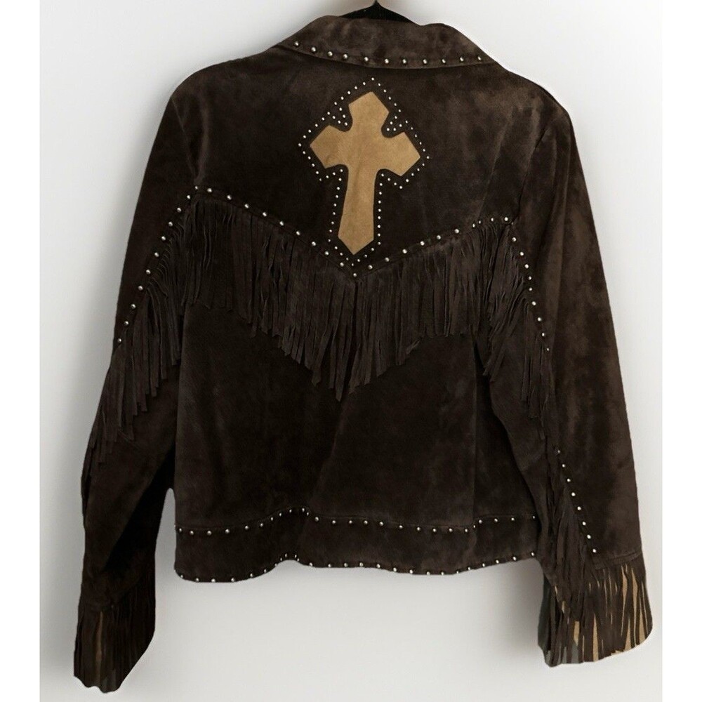 Saguaro Leather Suede Fringe Jacket Studded Cross Western Biker Brown Y2K Sz L - Picture 2 of 6